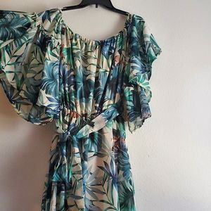 Womens Dress Medium Floral Ruffle Sleeve Belted Tropical